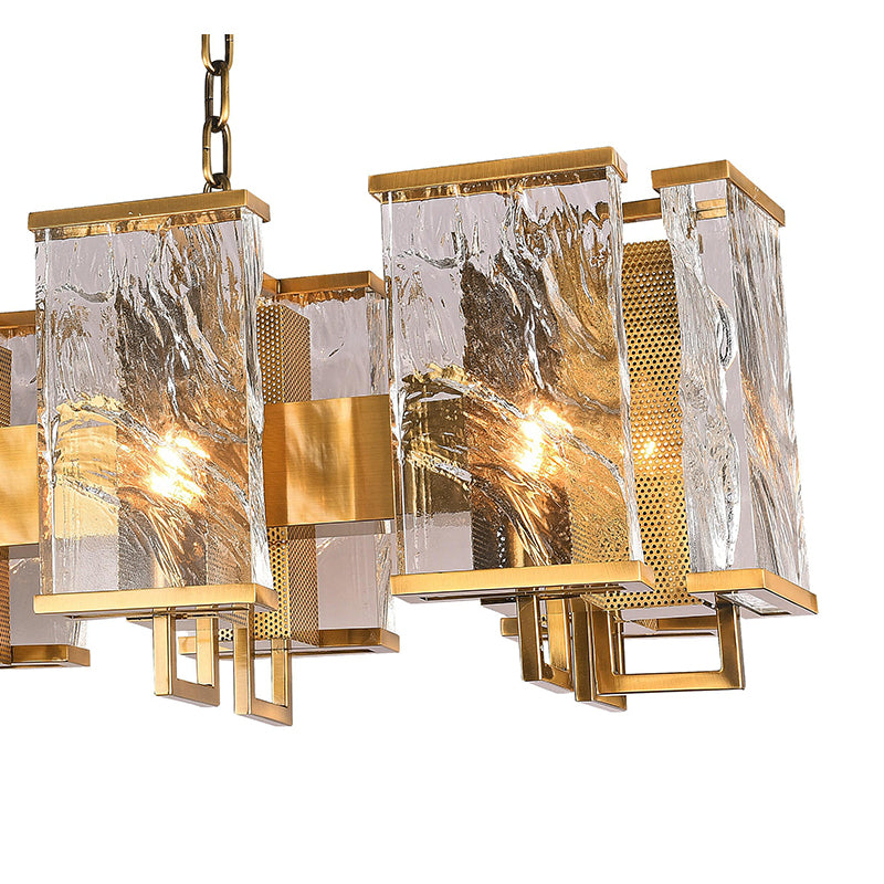 Brass Rectangular Chandelier With Clear Distorted Crystal Plaques