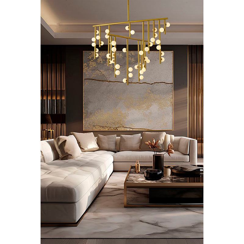 Satin Brass Chandelier With White Glass Ball Shades