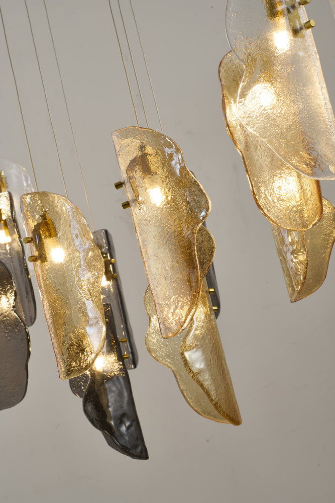 Brass Metal Frame Chandelier with Clear, Smoke, and Amber Glass Pendants