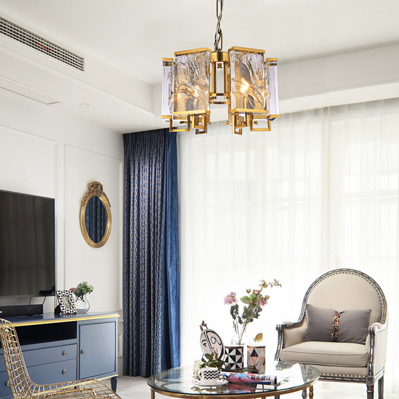 Brass Frame Chandelier WITH Clear Distorted Crystal Plaques