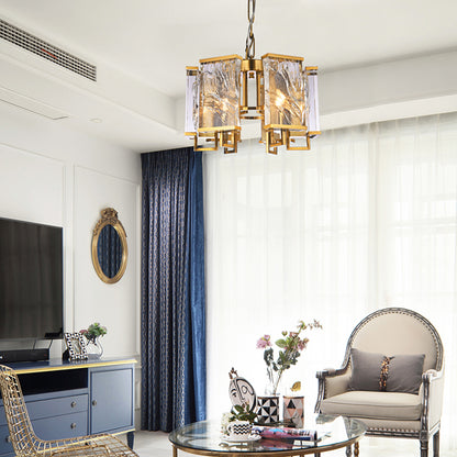 Brass Frame Chandelier WITH Clear Distorted Crystal Plaques