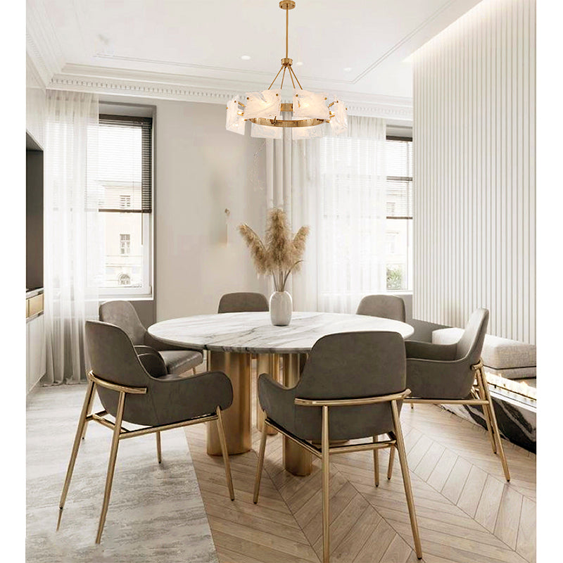 Gold Plated Chandelier with White Stained Glass Shades