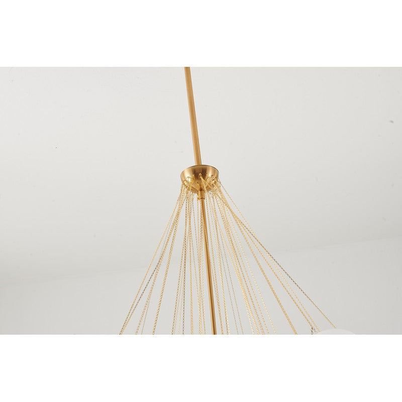 Gold Plated Frame Chandelier featuring White Frosted Glass Hanging Shades