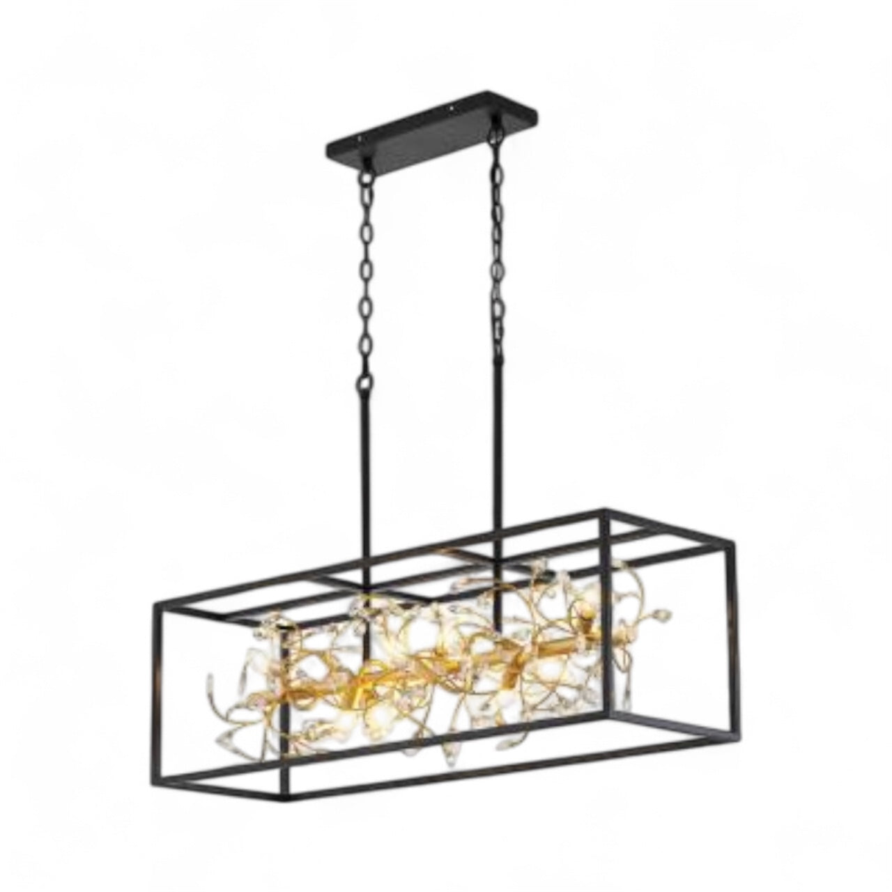Black Rectangular Cage Frame Chandelier with Gold Branch Accent & Clear Crystals