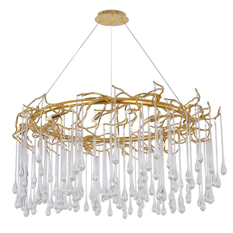 Gold Aluminium Chandelier With Clear Glass Hanging Drops