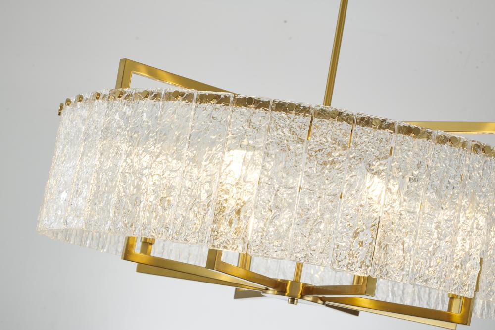 Round Brass Frame Chandelier with Clear Hanging Rippled Glass