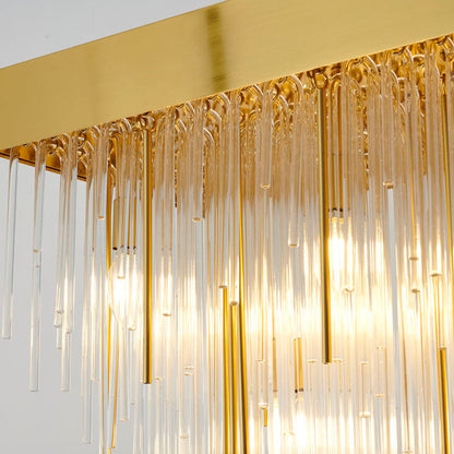 Satin Brass Rectangular Chandelier With Clear Hanging Looped Glass