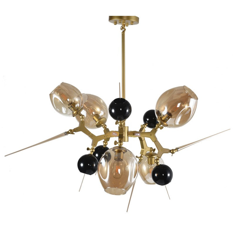 Gold Aluminum Chandelier with Amber & Black Glass Accents