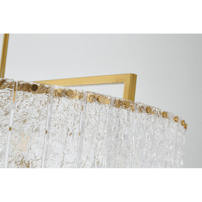 Round Brass Frame Chandelier with Clear Hanging Rippled Glass
