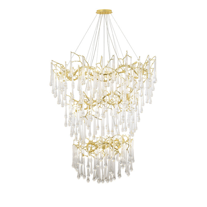 Three Tier Gold Solid Brass Chandelier With Clear Glass Hanging Drops