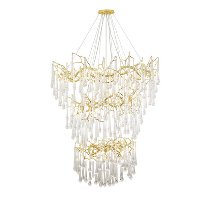 Three Tier Gold Solid Brass Chandelier With Clear Glass Hanging Drops