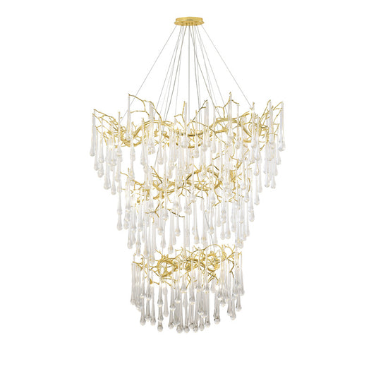 Three Tier Gold Solid Brass Chandelier With Clear Glass Hanging Drops