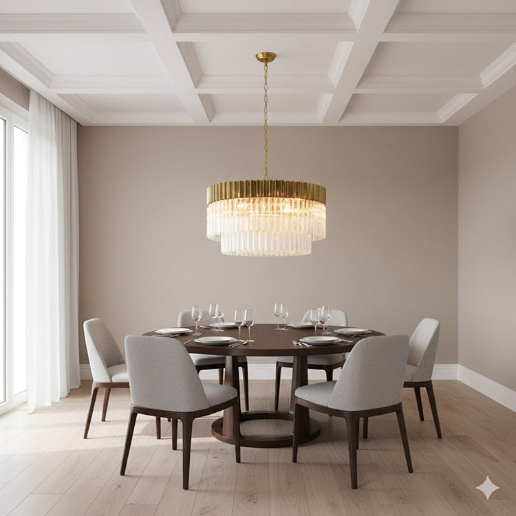 Round Brass Chandelier With Clear Hanging Crystals