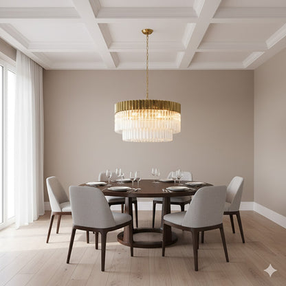 Round Brass Chandelier With Clear Hanging Crystals