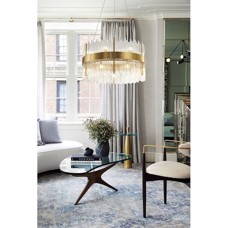 Gold Halo Frame Chandelier with Clear Glass Rods