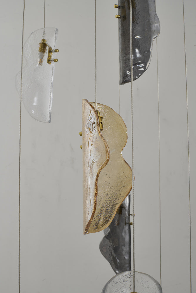 Brass Metal Frame Chandelier with Clear, Smoke, and Amber Glass Pendants