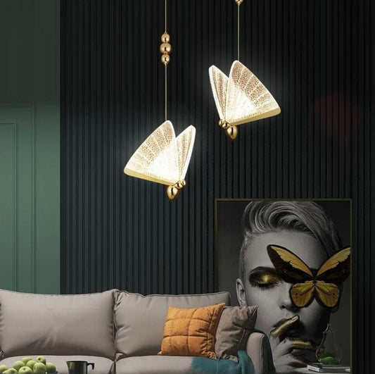 Elegant Satin Brass LED Chandelier with Butterfly Pendants