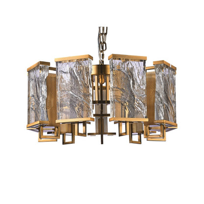 Brass Frame Chandelier WITH Clear Distorted Crystal Plaques
