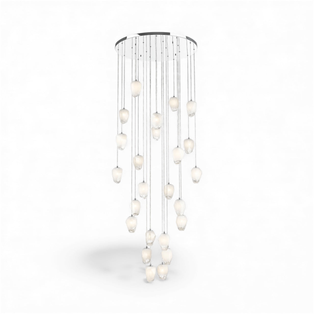 Round Chrome Flushed Chandelier with Hanging White Glass Pendants