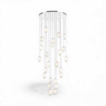 Round Chrome Flushed Chandelier with Hanging White Glass Pendants