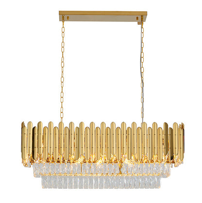 Gold Rectangular Chandelier With Clear Hanging Crystals