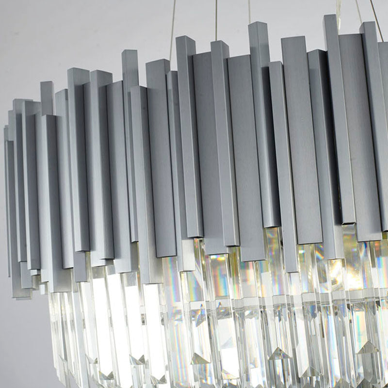 Two Tier Stainless Steel Hairlines Chandelier With Clear Hanging Crystals