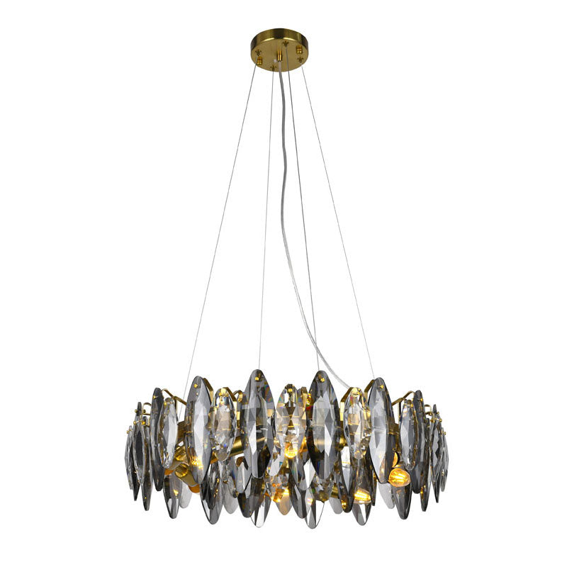 Round Brass Chandelier With Clear & Smoke Crystals