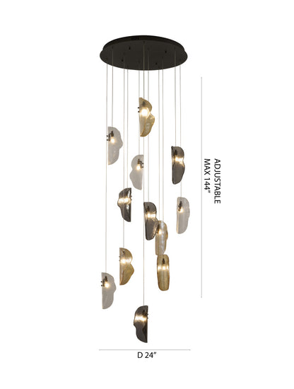 Black Metal Frame Chandelier with Clear, Smoke, and Amber Glass Pendants