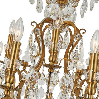 Antique Brass Chandelier with Clear Hanging Crystals