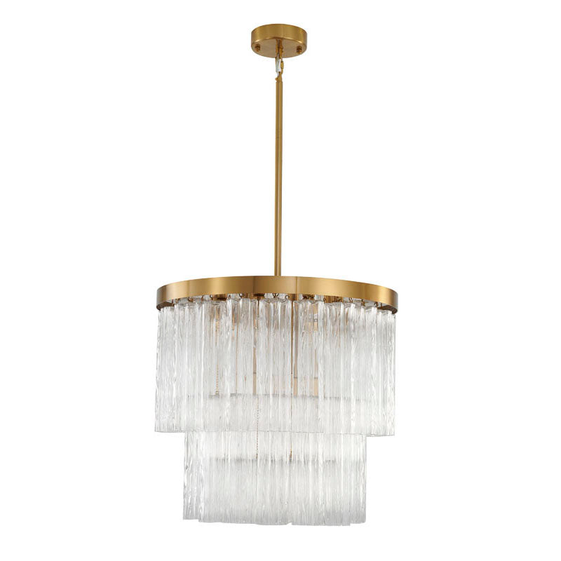 Round Satin Brass Chandelier With Clear Hanging Ribbed Glass
