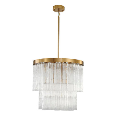 Round Satin Brass Chandelier With Clear Hanging Ribbed Glass