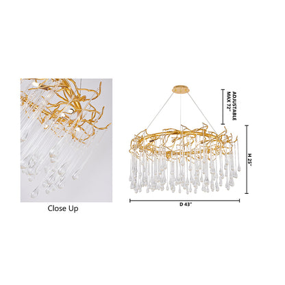 Gold Aluminium Chandelier With Clear Glass Hanging Drops