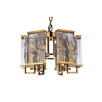 Brass Frame Chandelier WITH Clear Distorted Crystal Plaques