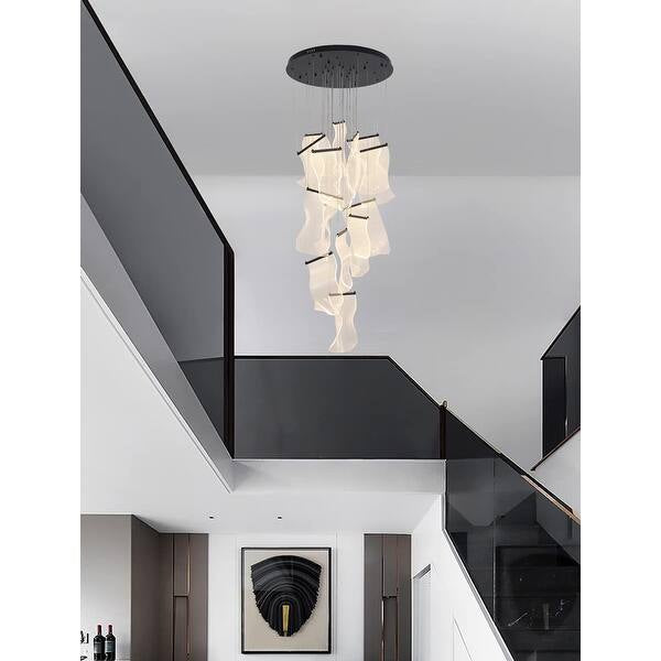 Satin Black 8-Light LED Chandelier with Acrylic Crumbled Sheet Pendants