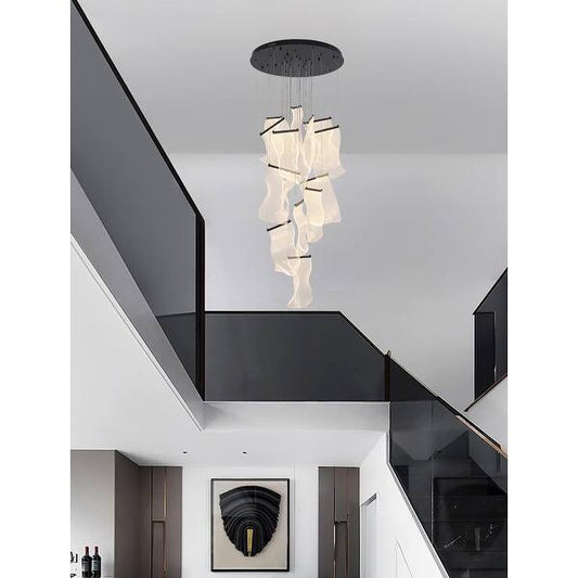 Satin Black 8-Light LED Chandelier with Acrylic Crumbled Sheet Pendants
