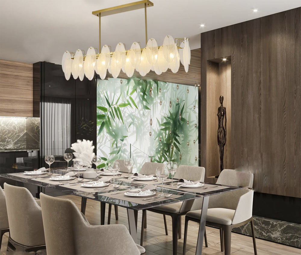 Brass Rectangular Chandelier with Frosted Glass Shades