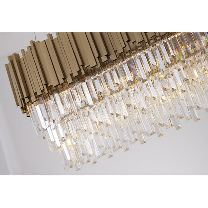 Gold Hairline Oval Chandelier With Three Tiers Of Hanging Clear Crystals
