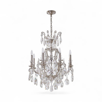 Pewter Iron Frame Chandelier with Clear Hanging Crystals