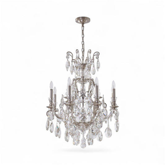 Pewter Iron Frame Chandelier with Clear Hanging Crystals
