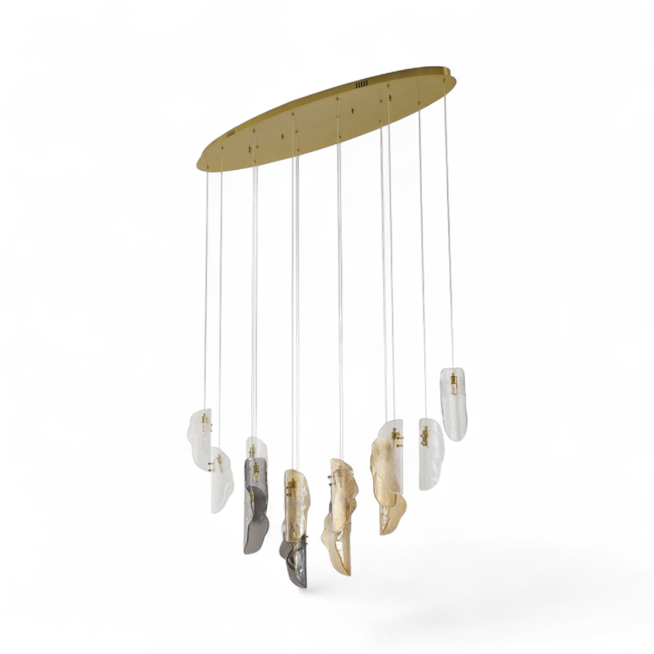 Brass Metal Frame Chandelier with Clear, Smoke, and Amber Glass Pendants