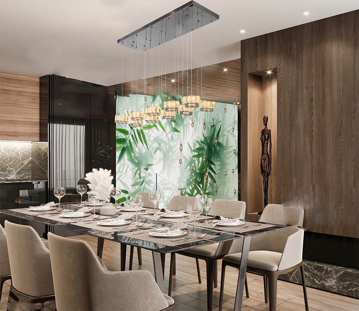Chrome LED Island Chandelier With Clear Crystal Hanging Pendants