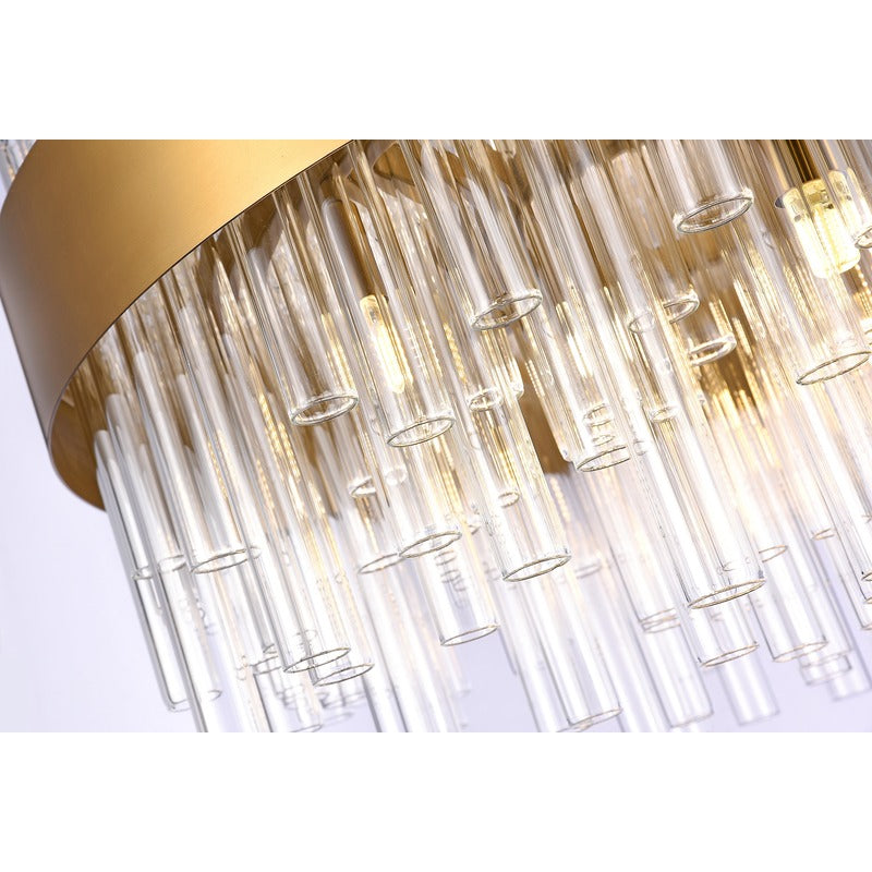Round Matte Brass Chandelier with Clear Glass Rods