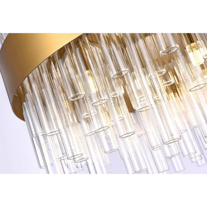 Round Matte Brass Chandelier with Clear Glass Rods