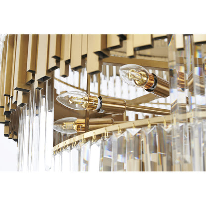 Six Tier Brushed Brass Chandelier With Clear Hanging Crystals