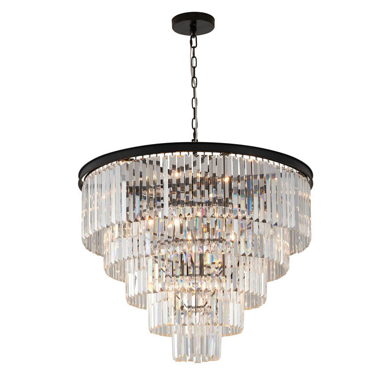 Five Tier Black Chandelier With Clear Hanging Crystals