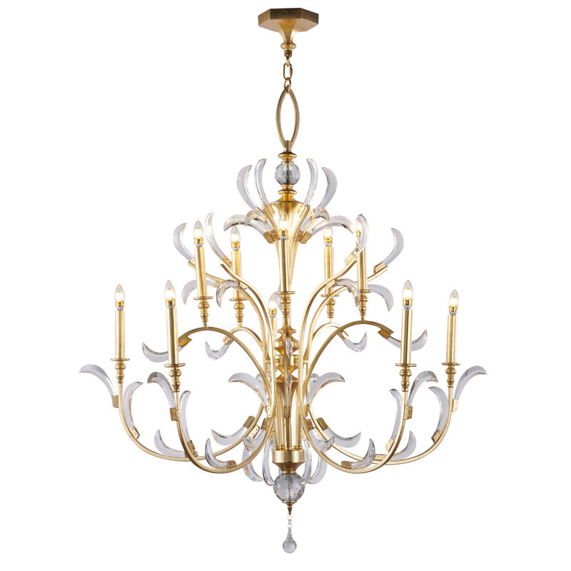 Gold Metal Leaf Chandelier With Clear Crystals