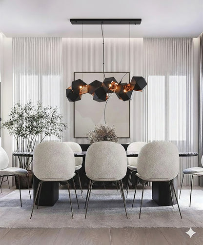 Black Block Framed Chandelier With A Reflective Copper Interior