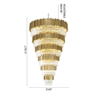 Six Tier Brushed Brass Chandelier With Clear Hanging Crystals
