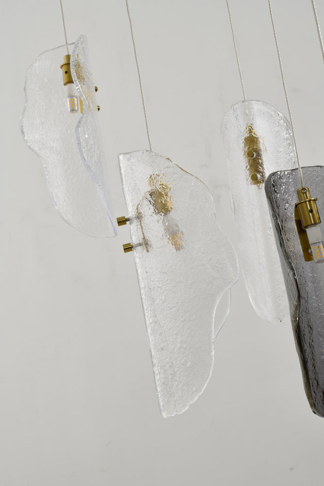 Brass Metal Frame Chandelier with Clear, Smoke, and Amber Glass Pendants