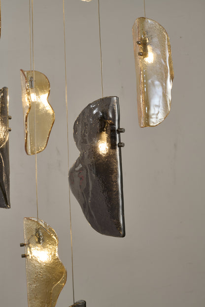 Chrome Metal Frame Chandelier With Clear, Smoke and Amber Glass Pendants